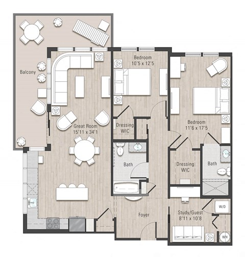 Floor plan for 2 beds, 2 baths, 1305 sqft